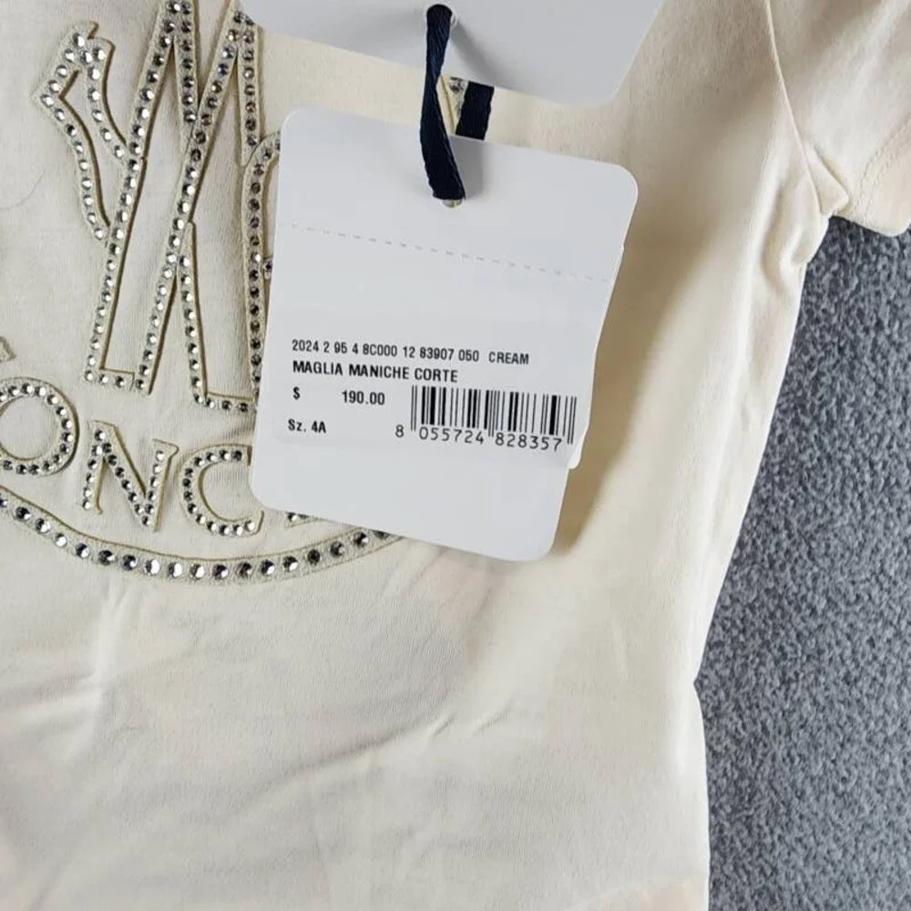 Moncler Logo Studded Graphic T-Shirt Girls 4A Cream Short Sleeve Crew Neck